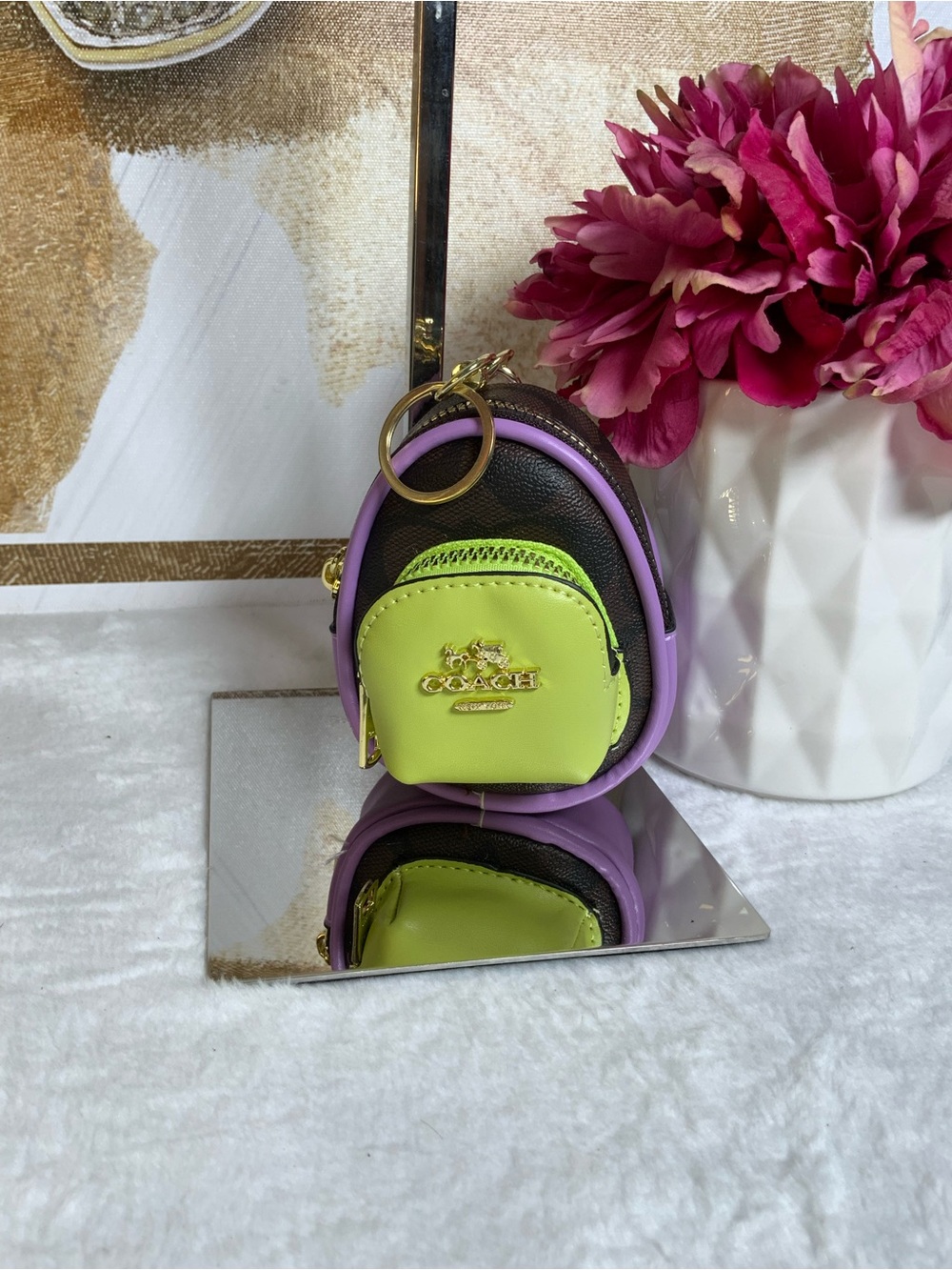 Mini Backpack Key Ring in Lilac and Lime